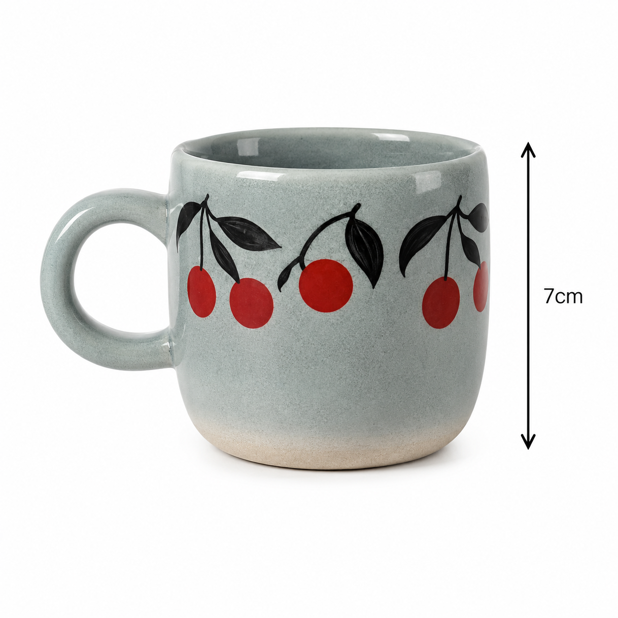 Millie Cup Blue ceramic mug product shot on white background showing hand-painted cherry design and 7cm height