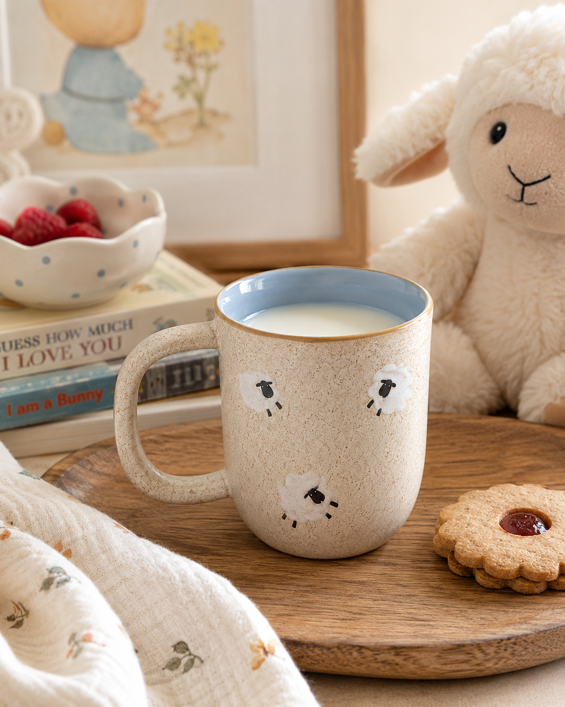 Sheep Dolly Cup filled with milk on a wooden tray, styled with a plush lamb toy, raspberries in a spotted bowl, jam biscuits, and children's books, natural speckled glaze with blue interior and gold rim.