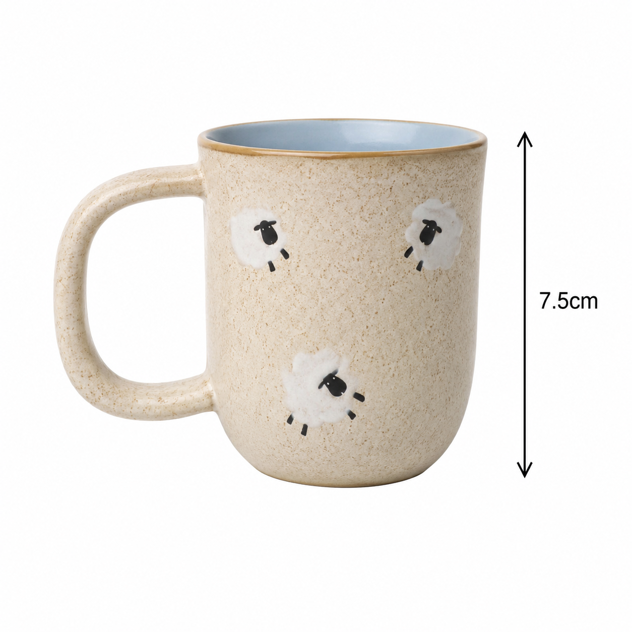 Sheep Dolly Cup Natural ceramic mug on a plain white background showing the loop handle and three hand-painted sheep, with a height measurement of 7.5cm.
