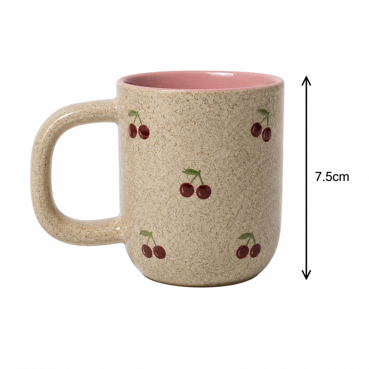 Cherry Cup Natural ceramic mug on a plain white background showing the loop handle and five hand-painted cherries, with a height measurement of 7.5cm.
