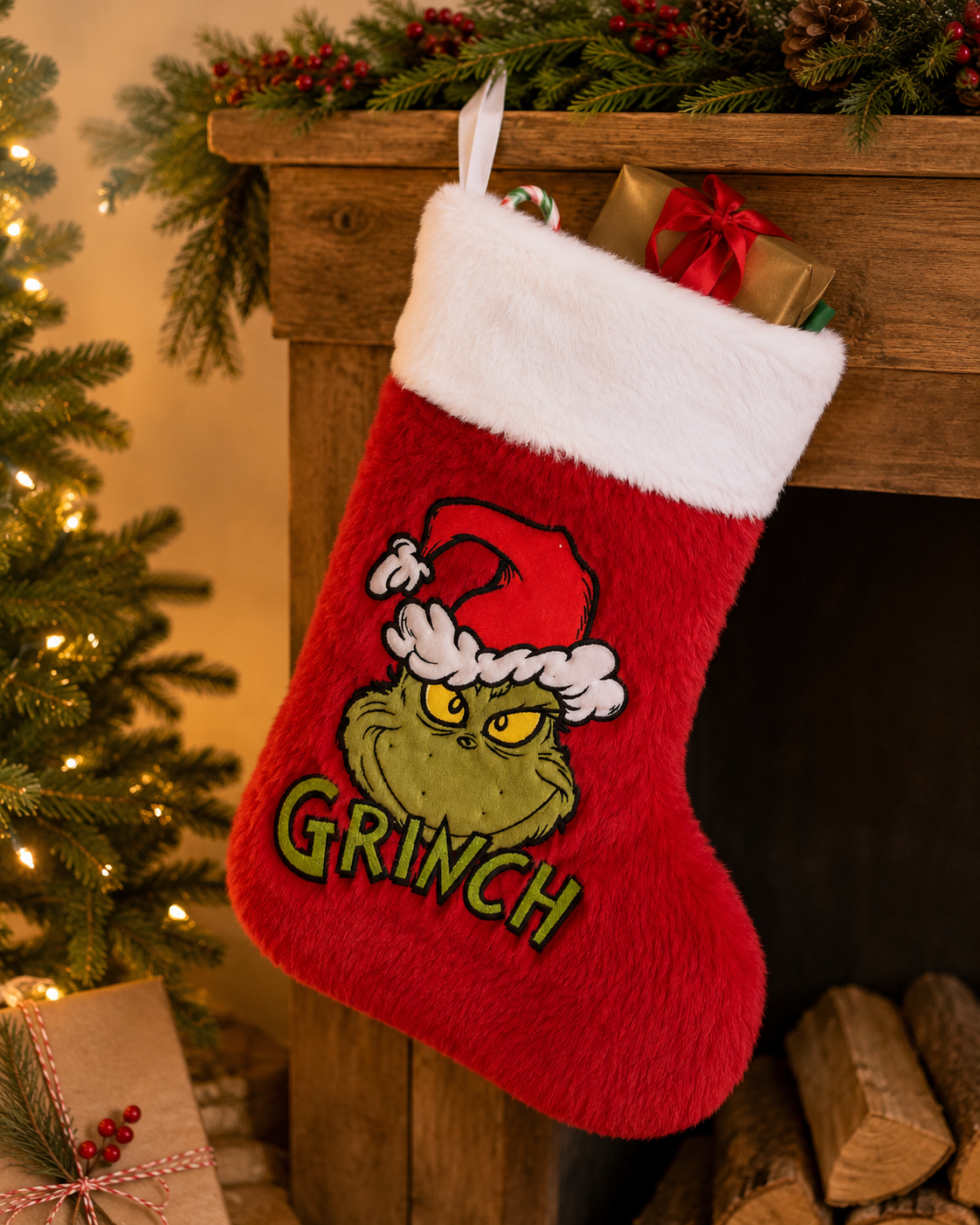 Grinch Christmas stocking hanging from a wooden mantel decorated with pine and berries, filled with a candy cane and wrapped gifts, red plush with white fur cuff and embroidered Grinch face.