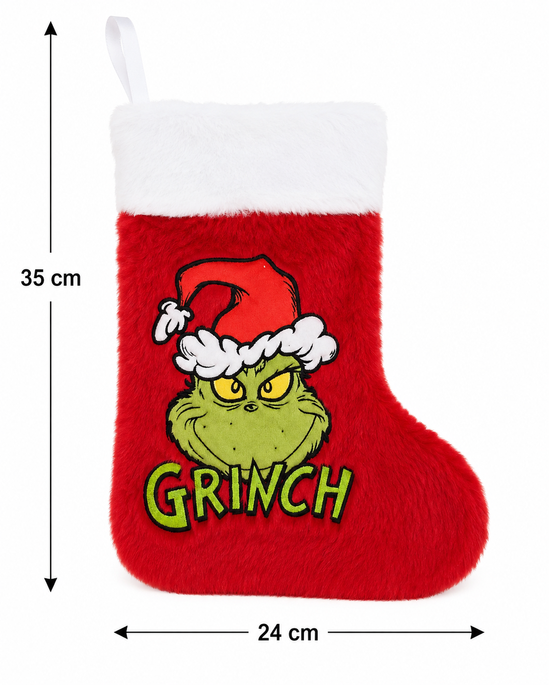 Grinch Christmas stocking on white background showing dimensions of 35cm by 24cm, front view highlighting embroidered Grinch face and "GRINCH" lettering.