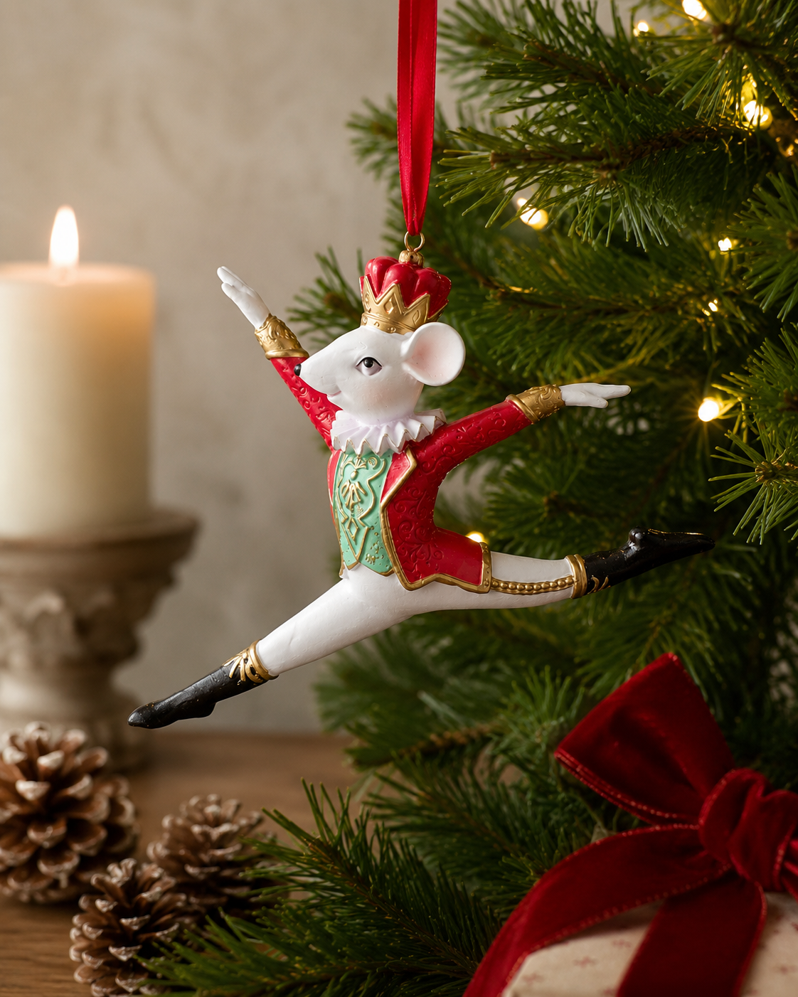 Nutcracker Rat King ornament hanging on a Christmas tree beside a lit candle, pinecones, and a wrapped gift with a red velvet bow