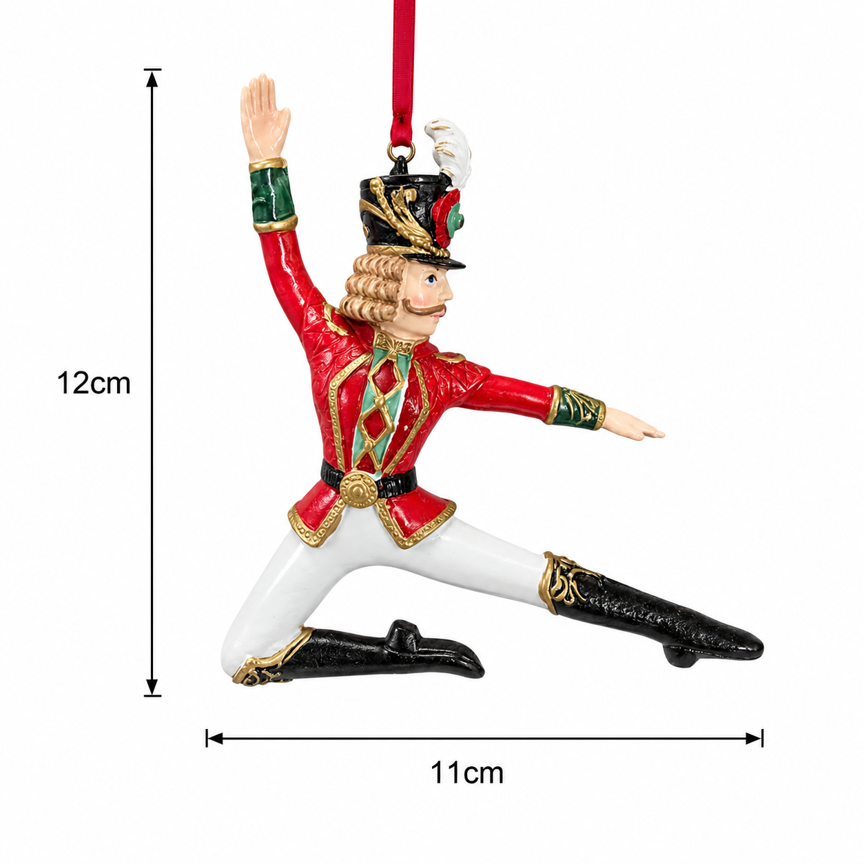 Nutcracker Prince ornament product shot on white background showing dimensions of 12cm height and 11cm width