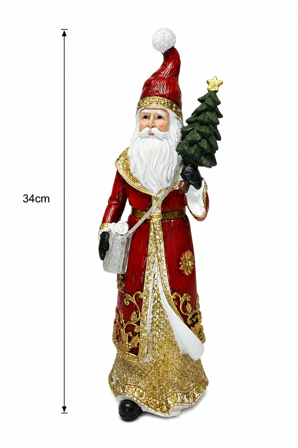 Traditional Santa figurine with Christmas tree on white background showing full height of 34cm, front view highlighting gold trim, white gift sack, and black boots.