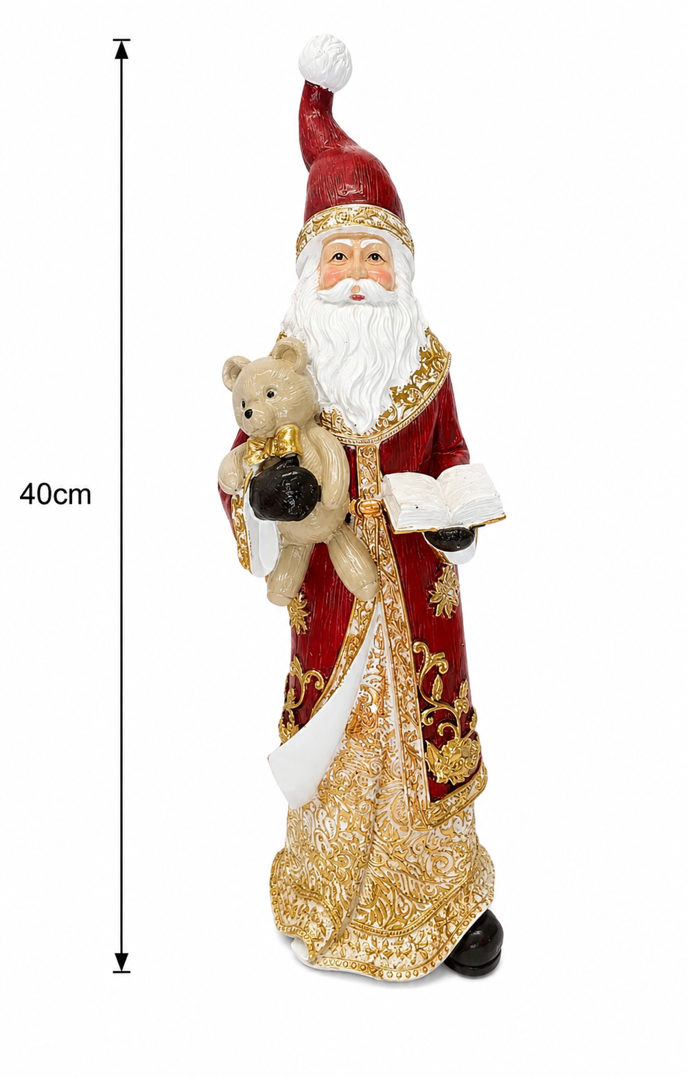 Traditional Santa figurine with teddy bear on white background showing full height of 40cm, front view highlighting gold trim, cream teddy bear, and open book.