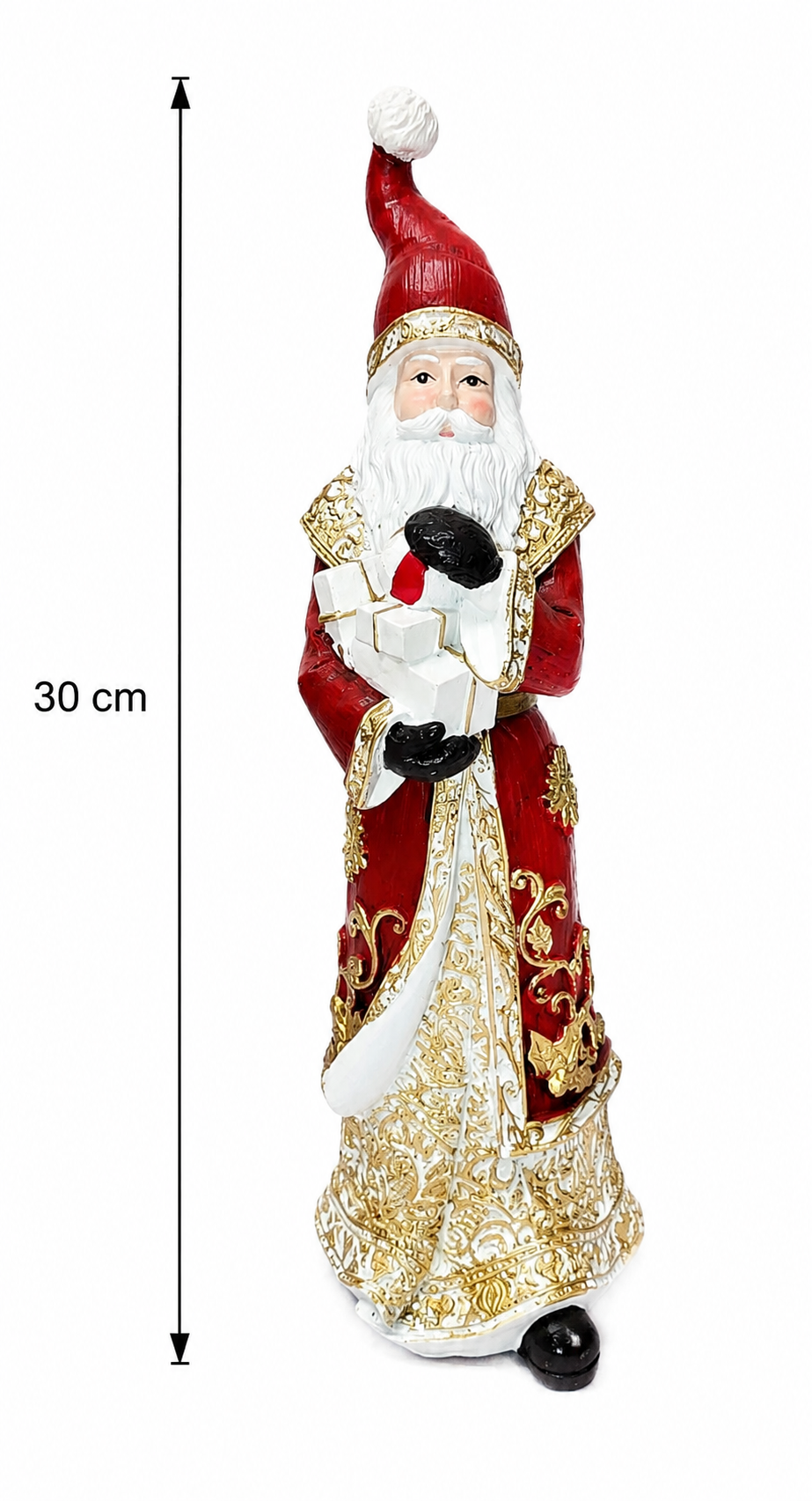 Traditional Santa figurine with presents on white background showing full height of 30cm, front view highlighting gold trim and stacked gift boxes held in mittened hands.
