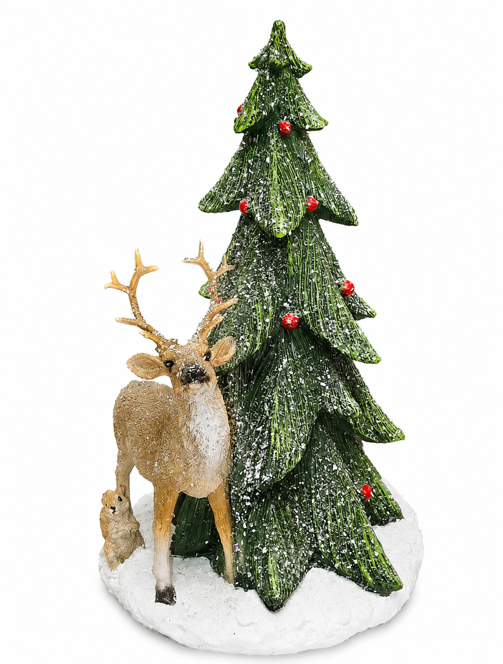 Reindeer and Christmas tree figurine on white background, side view showing full snow-effect scene with squirrel and robin companions.