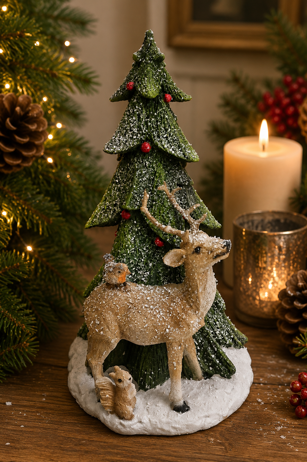 Reindeer and Christmas tree figurine displayed on a wooden table beside a lit candle, snow-dusted tree with red berries, squirrel and robin visible at the base, Christmas tree in background.