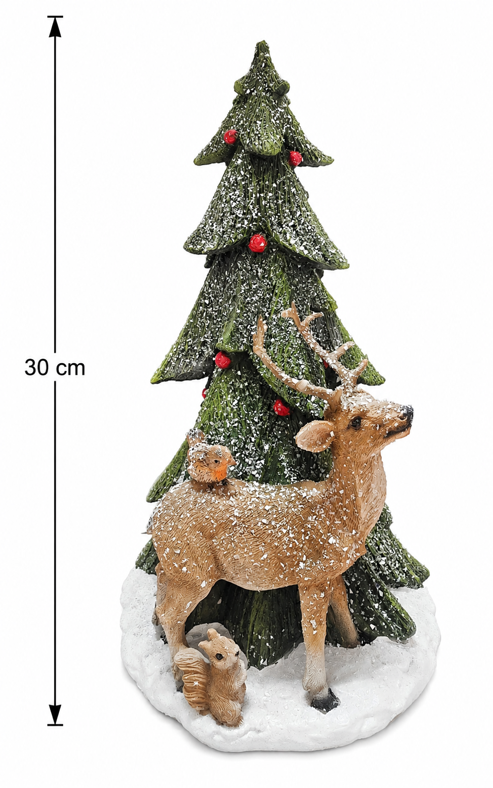Reindeer and Christmas tree figurine on white background showing full height of 30cm, front view highlighting snow texture and berry-dotted tree.