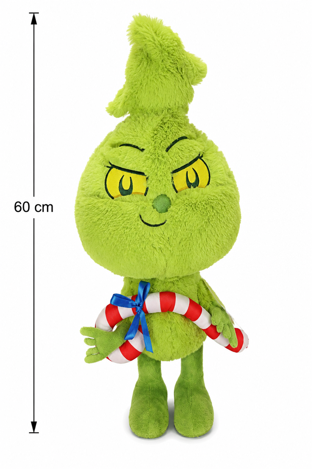 Baby Grinch plush toy on white background showing full height of 60cm, front view highlighting embroidered face and candy cane detail.