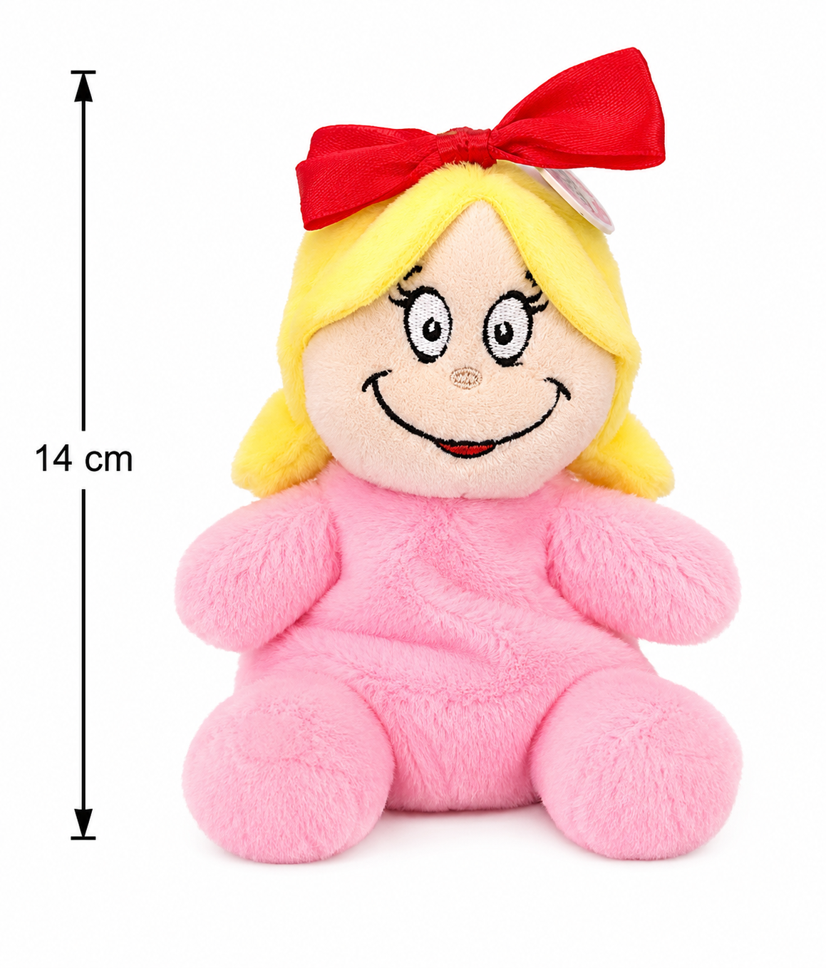 Cindy Lou Who palm pal plush toy on white background showing full height of 14cm, front view highlighting embroidered face and red bow.