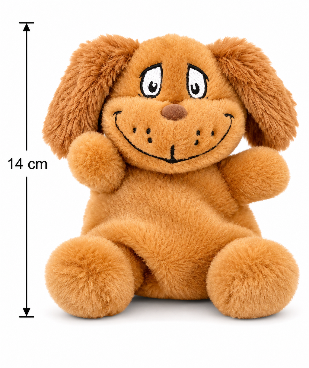 Max the dog palm pal plush toy on white background showing full height of 14cm, front view highlighting embroidered face and pom-pom paws.