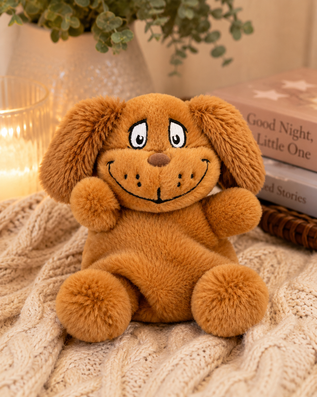Max the dog palm pal plush toy sitting on a cream knitted blanket beside a candle and stacked books, floppy brown ears and embroidered smiling face visible.