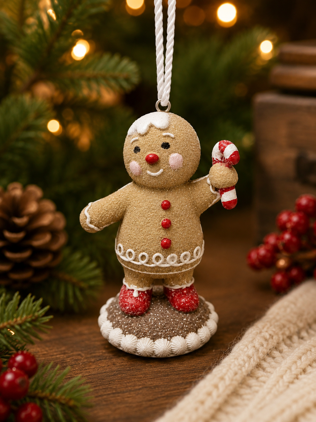 Gingerbread man hanging ornament displayed among pine branches, pinecones, and red berries, holding a candy cane with icing sugar detail on his head, knitted blanket in foreground.