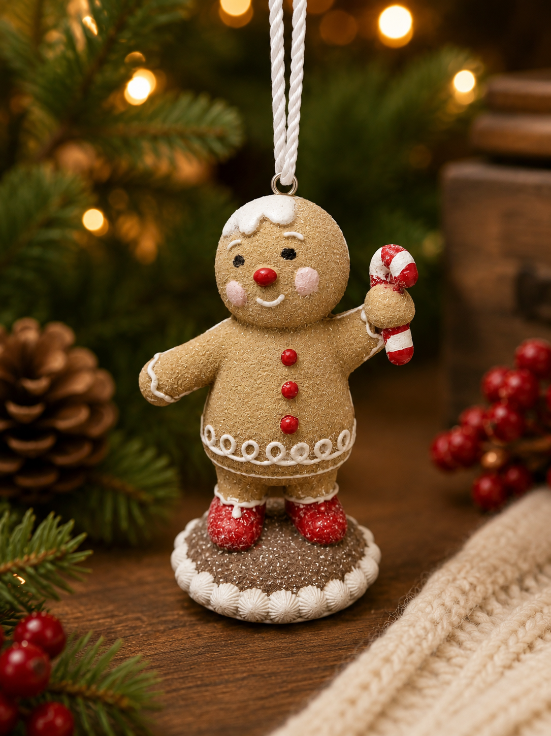 Gingerbread man hanging ornament displayed among pine branches, pinecones, and red berries, holding a candy cane with icing sugar detail on his head, knitted blanket in foreground.