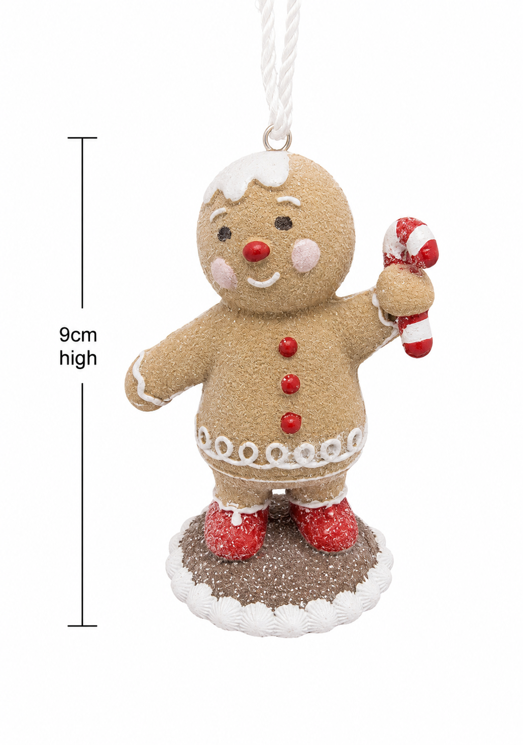 Gingerbread man hanging ornament on white background showing full height of 9cm, front view highlighting icing button and trim detail, candy cane, and hanging cord.