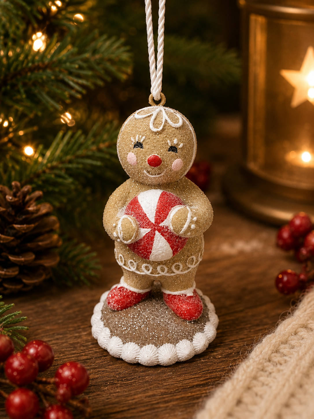 Gingerbread girl hanging ornament displayed beside a lit lantern with a star cutout, pine branches, pinecones, and red berries, holding a peppermint candy with icing swirl detail on her head.