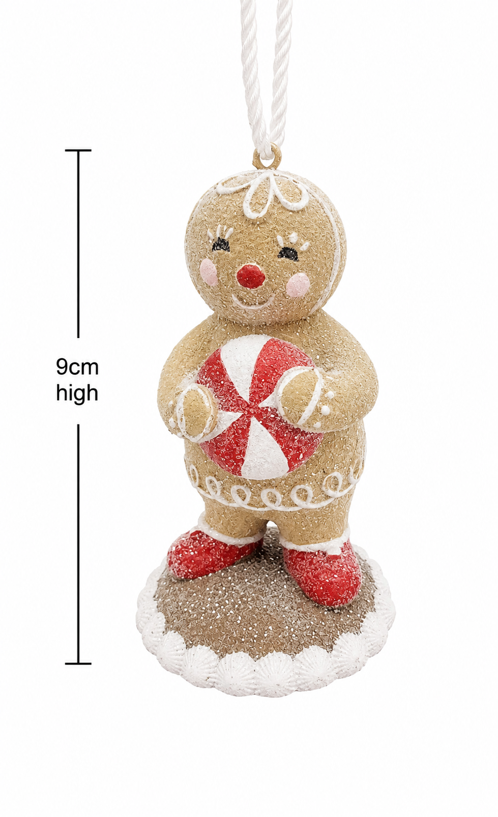 Gingerbread girl hanging ornament on white background showing full height of 9cm, front view highlighting icing detail, peppermint candy, and hanging cord.