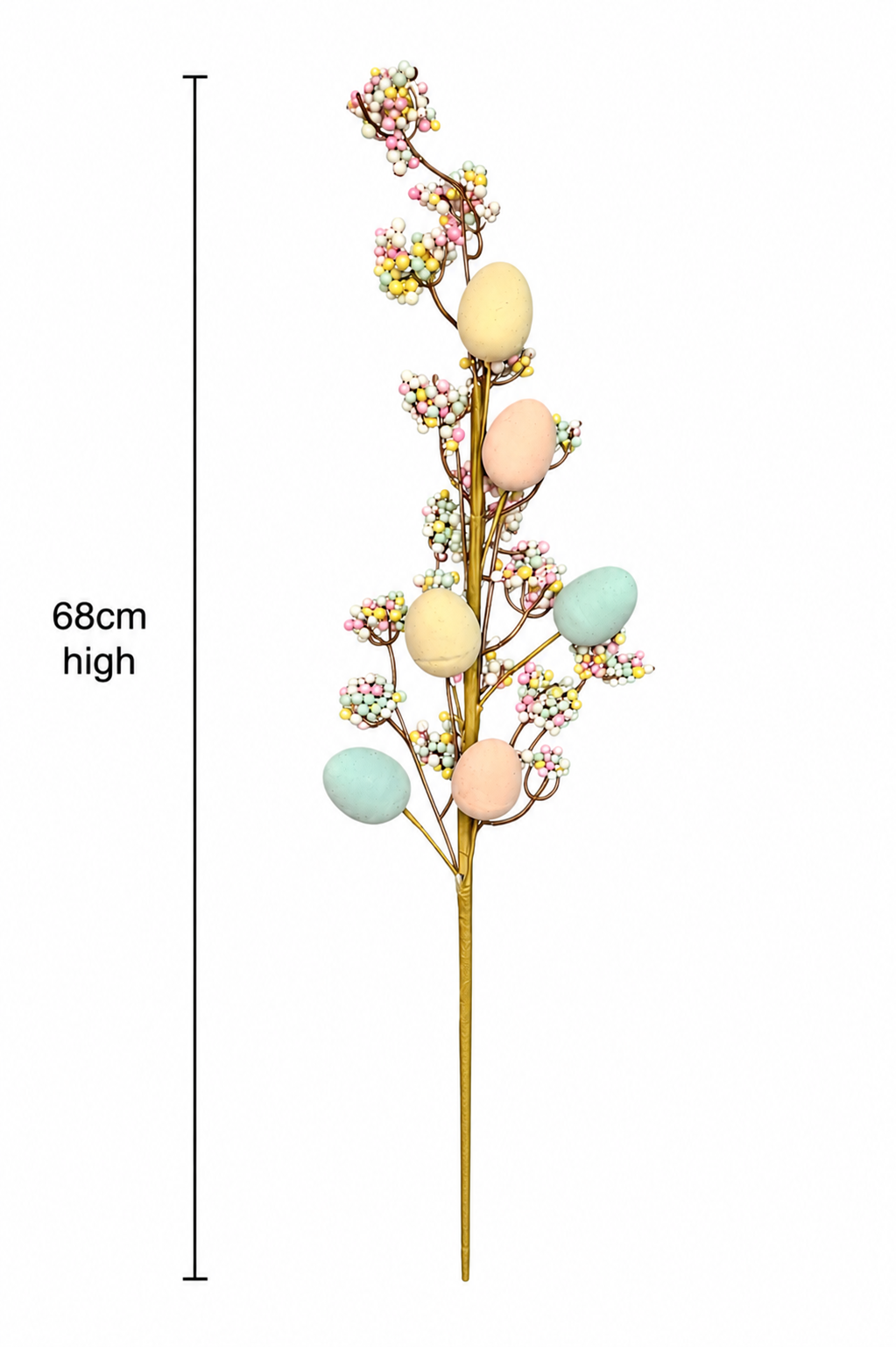 Sprinkle egg spray on white background showing full height of 68cm, front view highlighting pastel egg accents and speckled berry clusters along the stem.