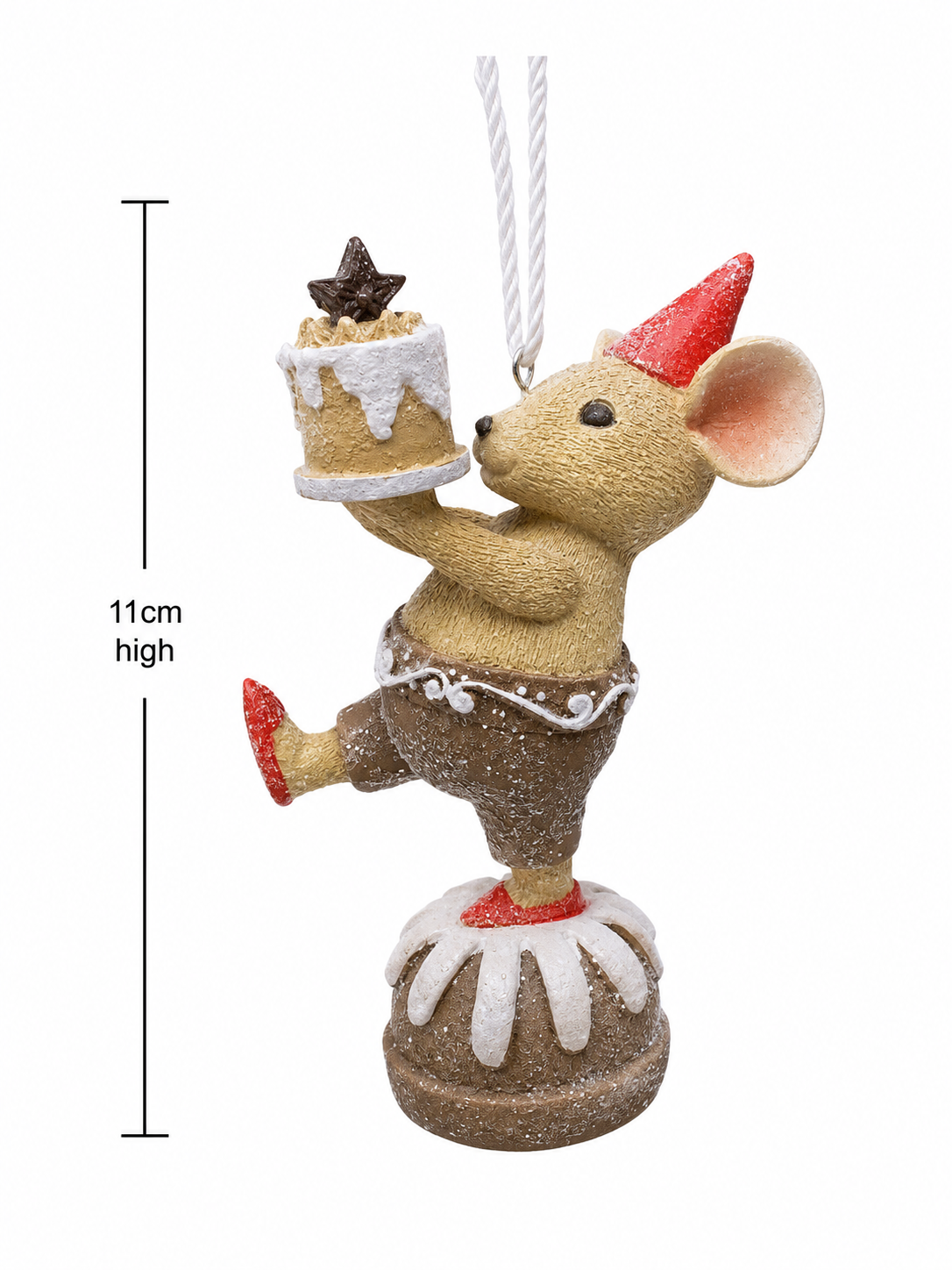 Party cake mouse hanging ornament on white background showing full height of 11cm, front view highlighting textured fur, iced cake detail, and hanging cord.