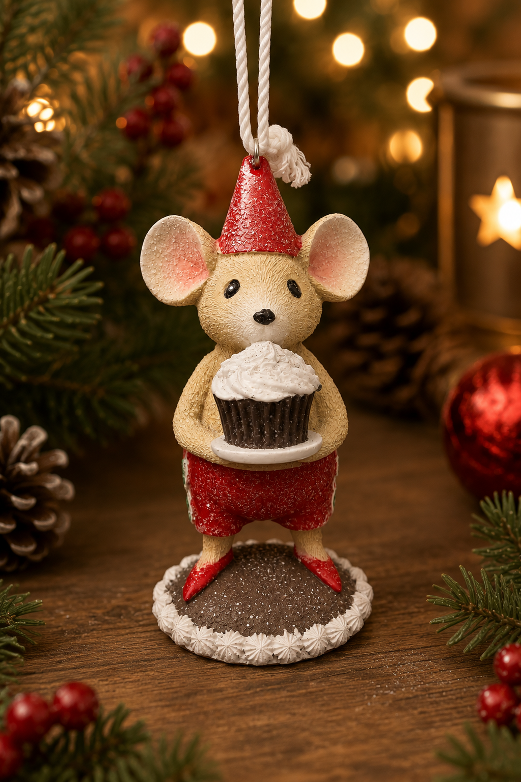 Party boy mouse hanging ornament displayed among pine branches, pinecones, and a lit candle, mouse in red party hat holding a cupcake while standing on a mud cake base.