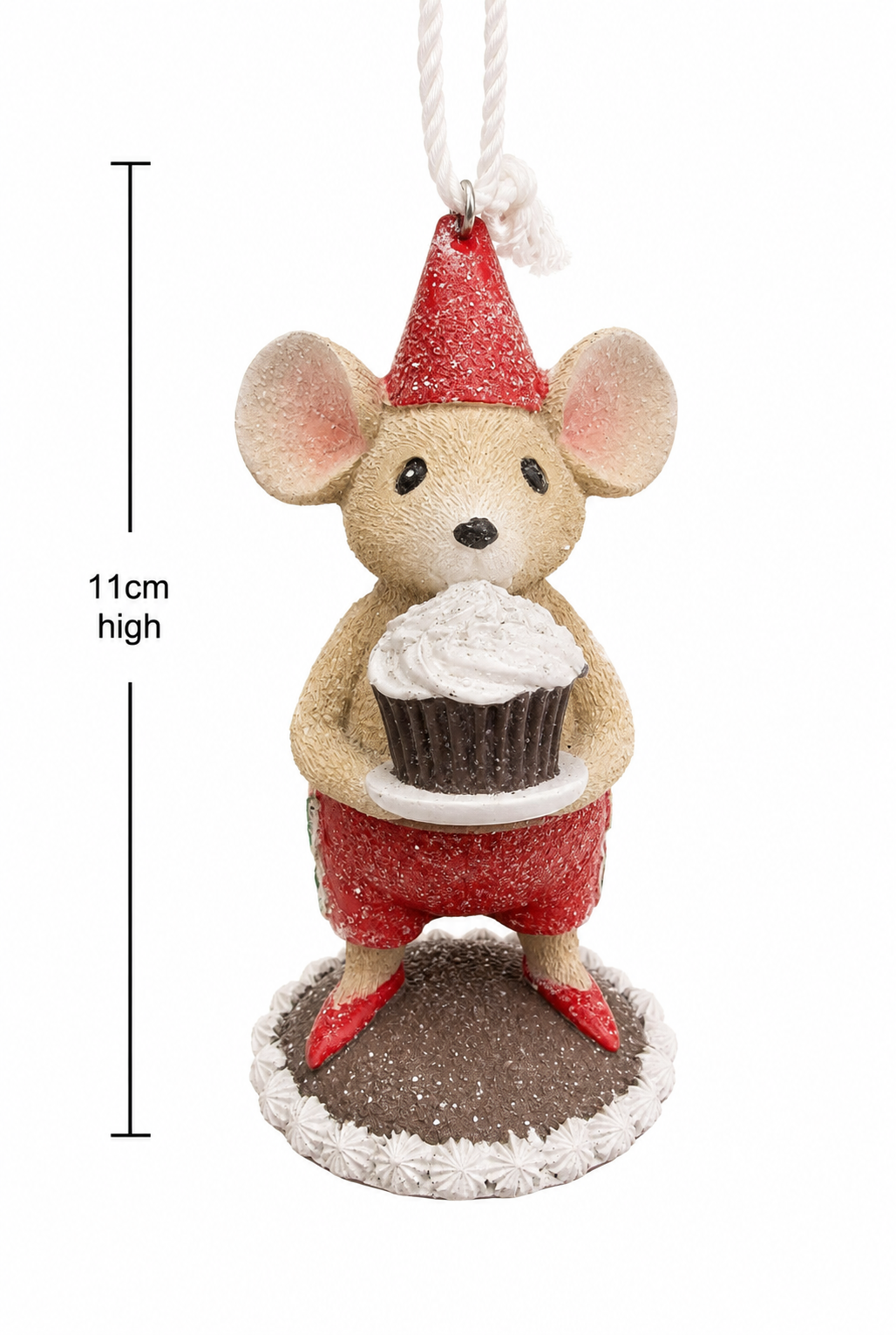 Party boy mouse hanging ornament on white background showing full height of 11cm, front view highlighting textured fur, cupcake detail, and hanging cord.