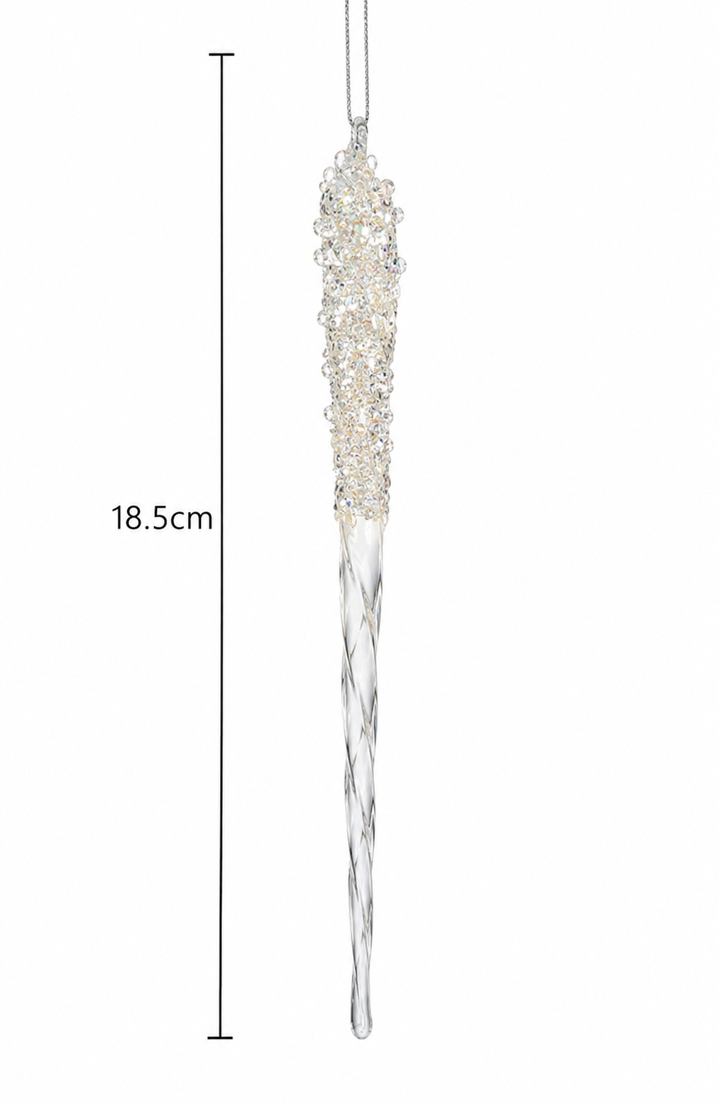 Encrusted Icicle glass ornament product shot on white background with dimension line showing 18.5cm length