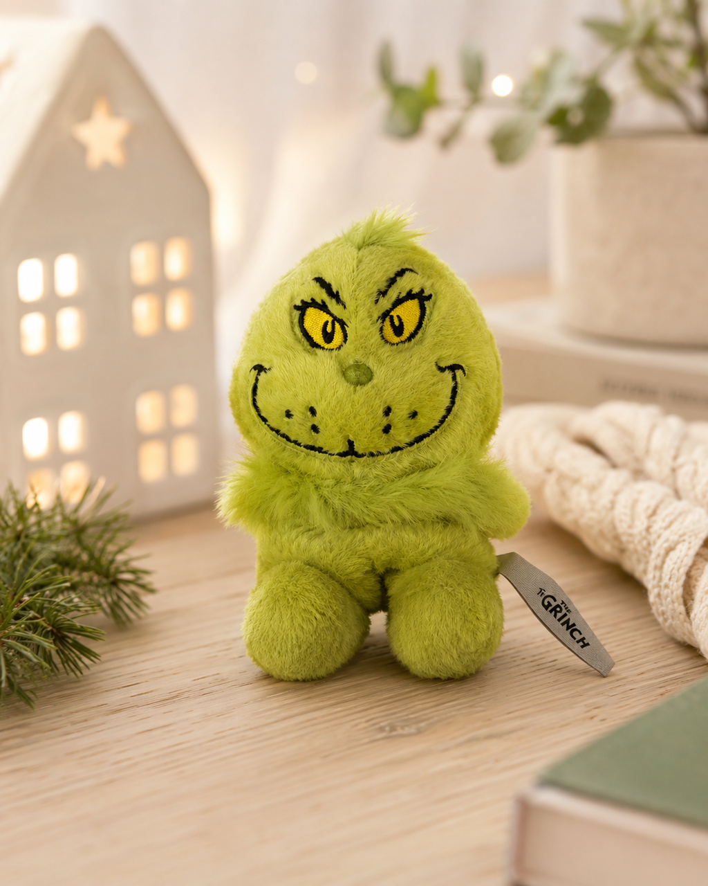 Palm Grinch plush toy sitting on a wooden table beside a glowing house ornament and pine sprigs, showing embroidered grinning face and yellow eyes