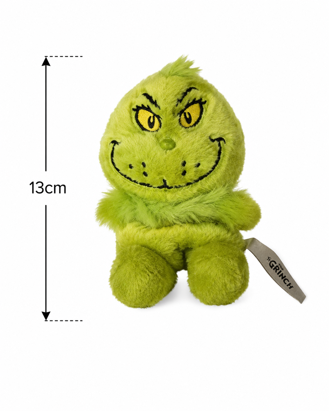 Palm Grinch plush product shot on white background with dimension line showing 13cm height, seated pose with branded Grinch tag