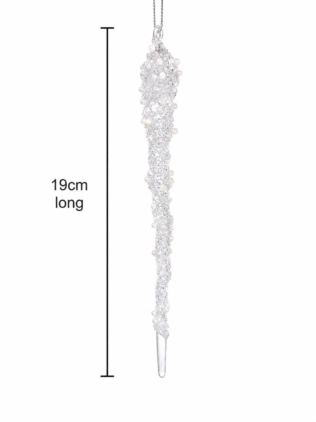  Pearl and crystal encrusted icicle ornament on white background showing 19cm length measurement, with silver cord hanger, densely beaded crystal and pearl surface tapering to a fine clear glass point