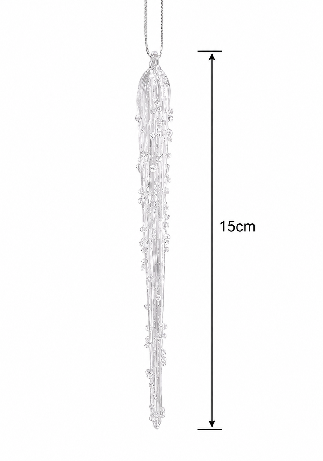 Clear acrylic crystal droplet icicle ornament on white background showing 15cm height measurement, with silver cord hanger, domed top, multi-strand ribbed body and scattered crystal droplet beads tapering to a fine point