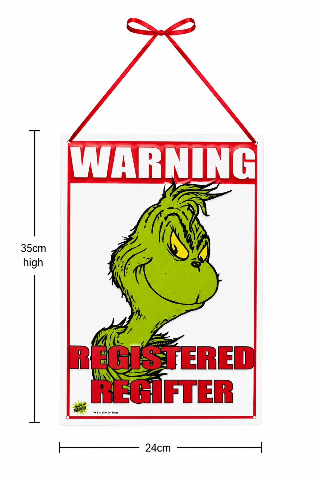Grinch "Registered Regifter" tin sign on white background showing full dimensions of 35cm high by 24cm wide with red ribbon hanger