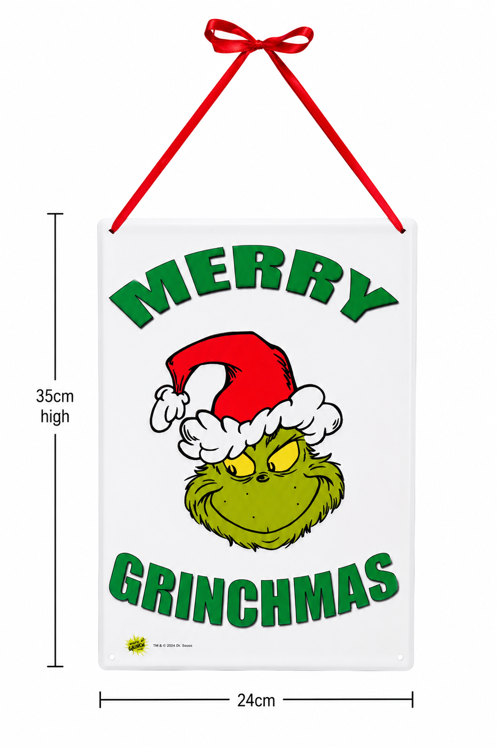 Grinch "Merry Grinchmas" tin sign on white background showing full dimensions of 35cm high by 24cm wide with red ribbon hanger