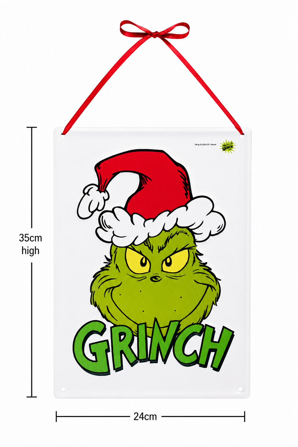 Grinch face tin sign on white background showing full dimensions of 35cm high by 24cm wide with red ribbon hanger