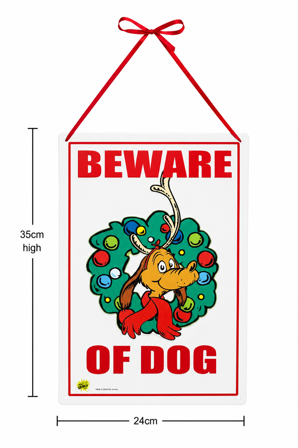 Grinch "Beware of Dog" tin sign on white background showing full dimensions of 35cm high by 24cm wide with red ribbon hanger