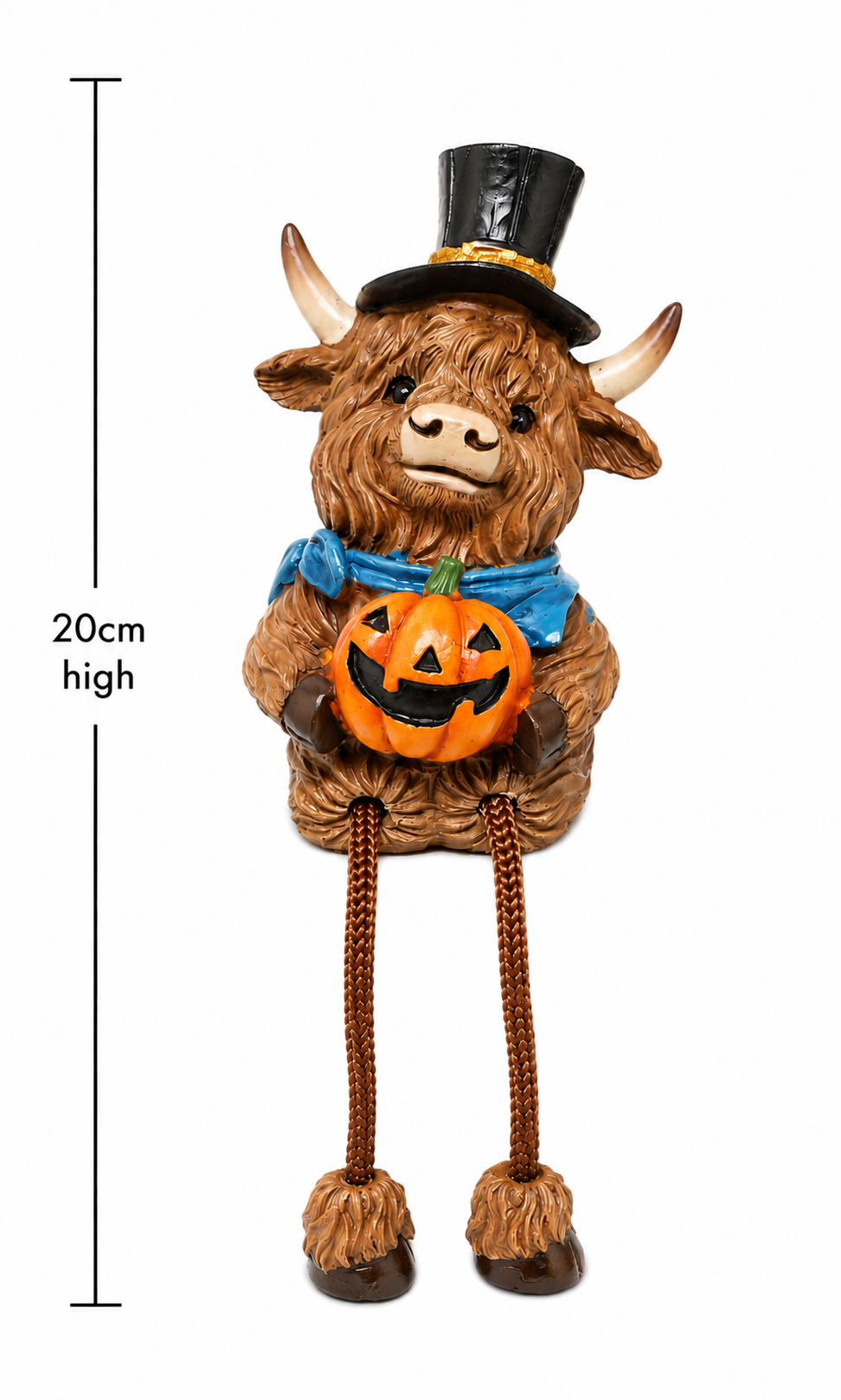 Highland cow Halloween figurine on white background with height measurement marker showing 20cm high