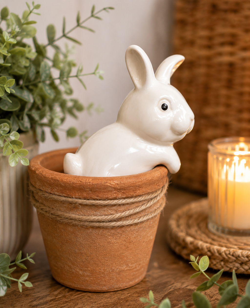White ceramic bunny pot hanger perched inside a terracotta plant pot with trailing greenery and a lit candle, styled on a wooden table.