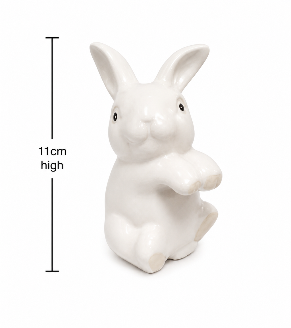 White ceramic bunny pot hanger on white background showing full upright pose and glossy finish, 11cm high.