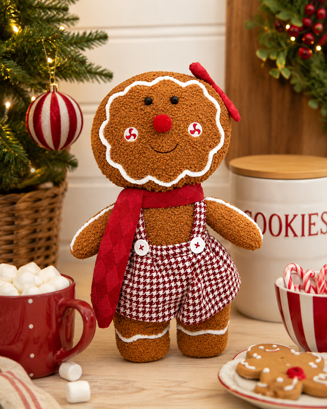 Gingerbread girl plush toy standing on a kitchen counter beside a mug of hot chocolate with marshmallows, a cookie jar and a bowl of candy canes in a festive scene.