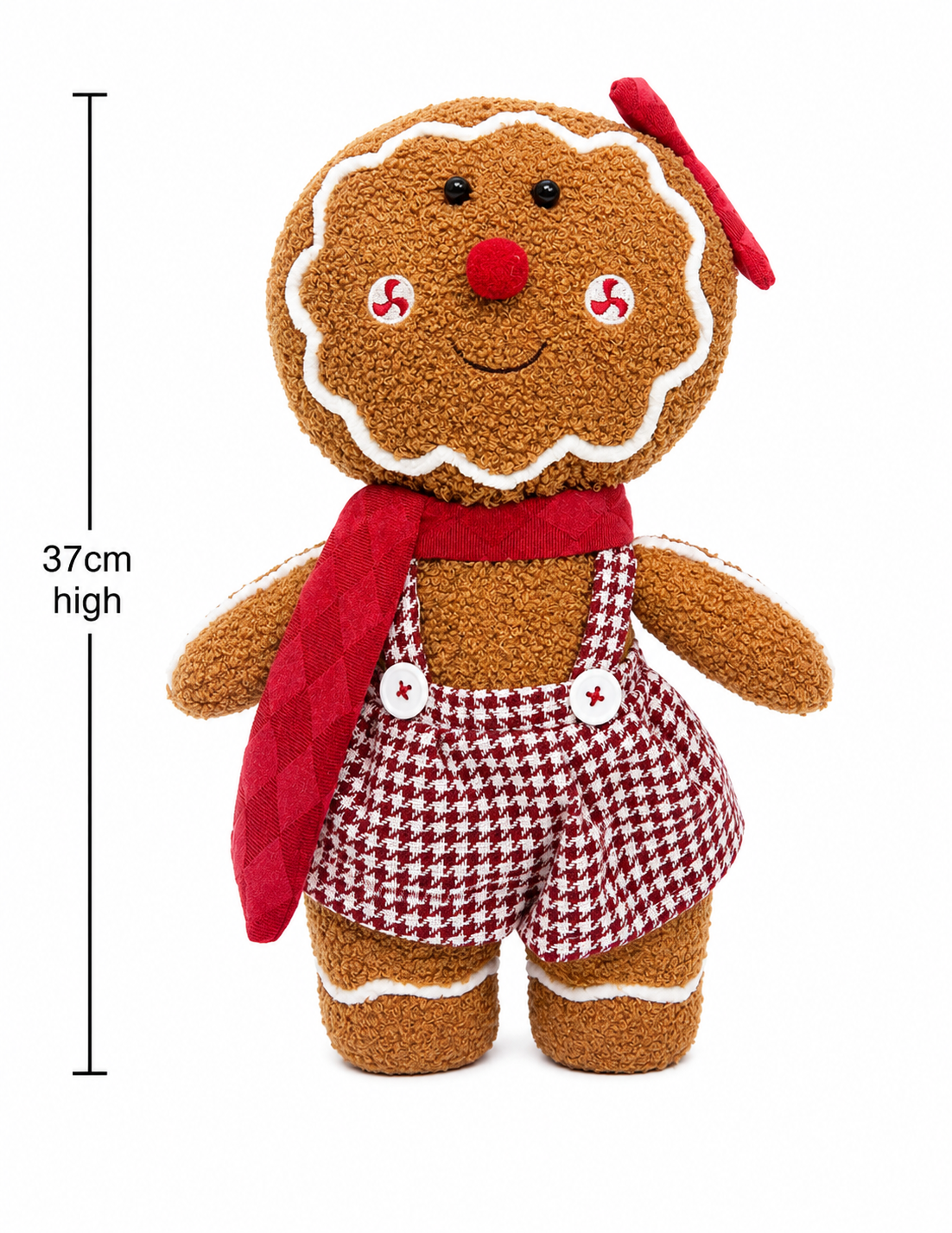Gingerbread girl plush toy on white background showing full houndstooth outfit, red scarf and bow detail, 37cm high.