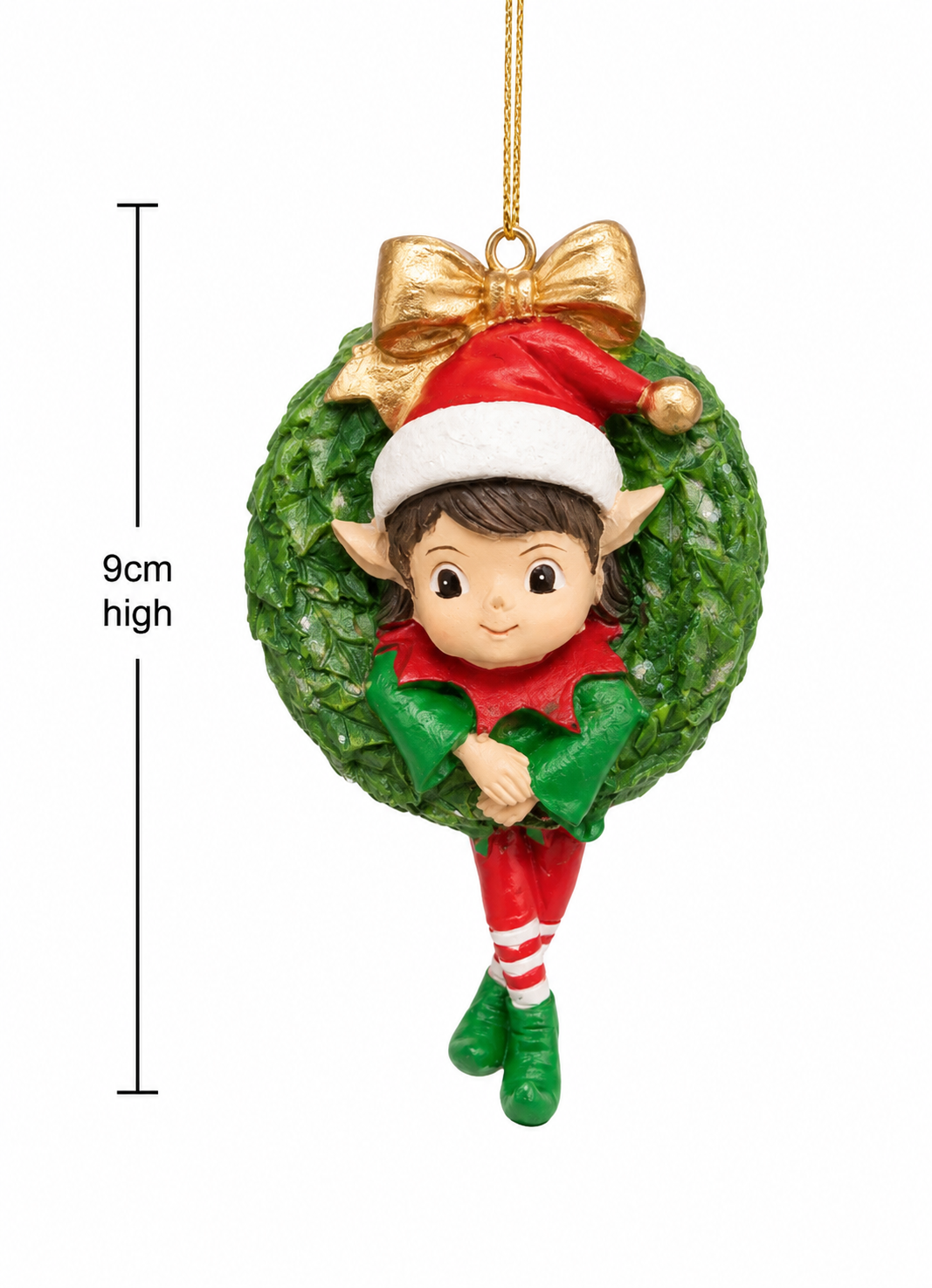 Elf-in-a-wreath Christmas ornament on white background showing full wreath, gold bow and dangling legs, 9cm high.