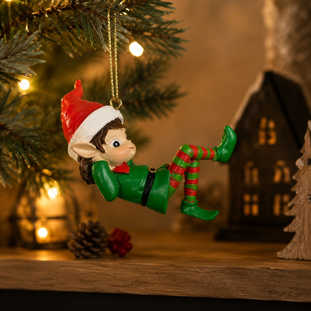 Swinging elf Christmas ornament hanging from a pine tree branch with fairy lights, cosy mantel scene with lantern and mini light-up house in the background.
