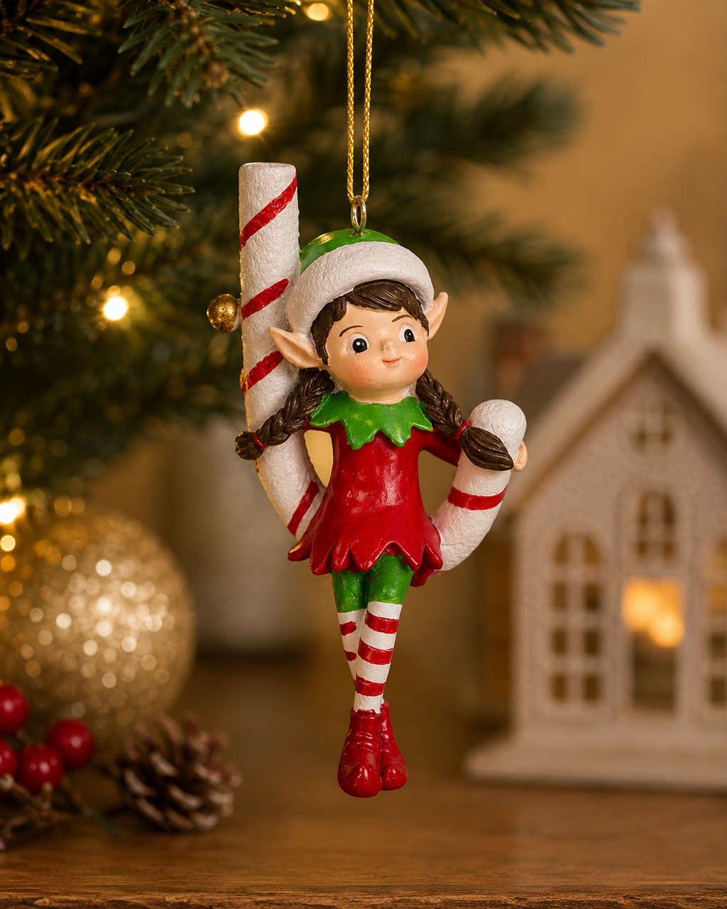 Candy cane elf girl Christmas ornament hanging from a pine tree branch, gold bauble and pinecone display in a cosy holiday mantel scene.