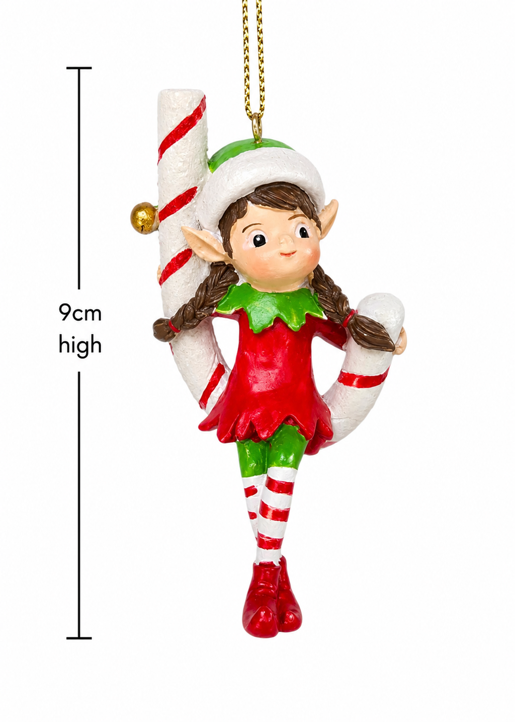 Candy cane elf girl Christmas ornament on white background showing full figure with striped candy cane, braided pigtails and red boots, 9cm high.