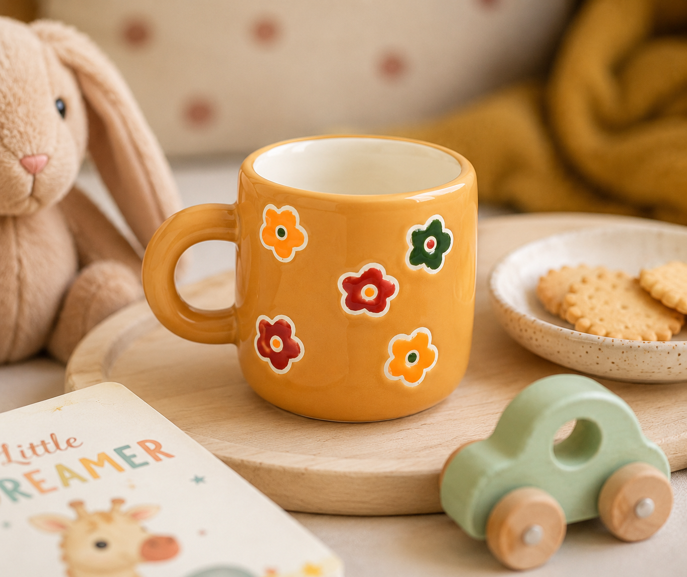 Mustard yellow ceramic mug with hand-painted daisy pattern on a wooden tray, styled with a plush bunny toy, biscuits and a wooden toy car in a cosy nursery scene.