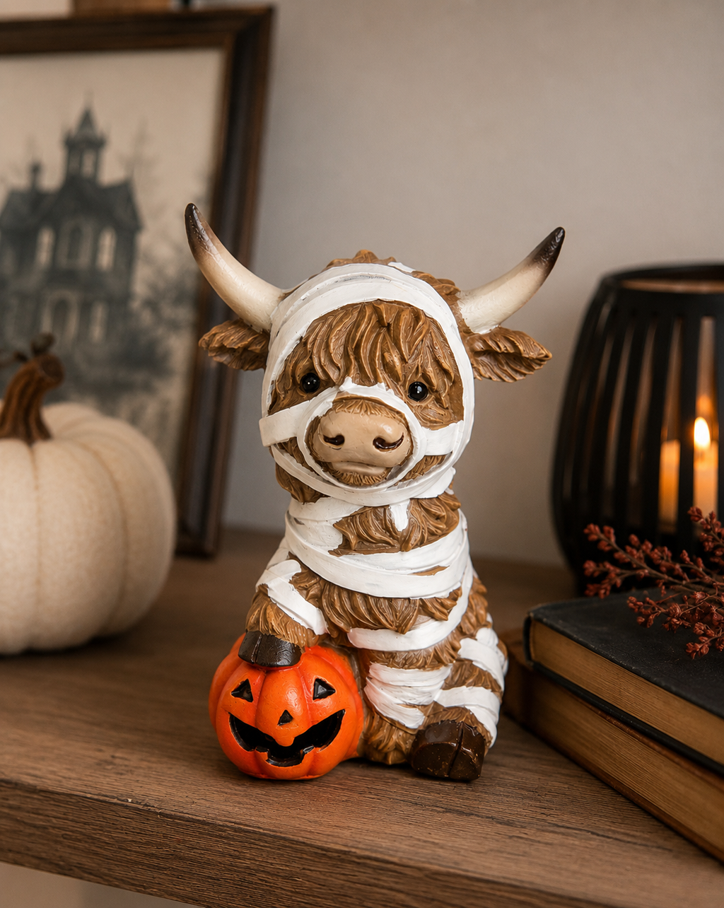Mummy Highland cow Halloween figurine on a wooden shelf beside a jack-o'-lantern, styled with a white pumpkin, framed haunted house print and lit candle lantern.