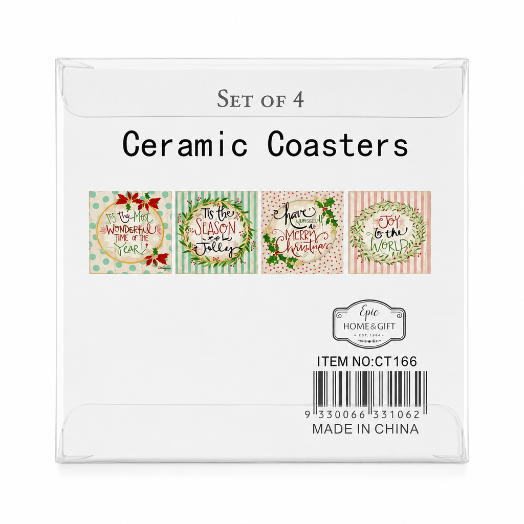 Product packaging for the set of four ceramic coasters showing all four designs and item barcode.