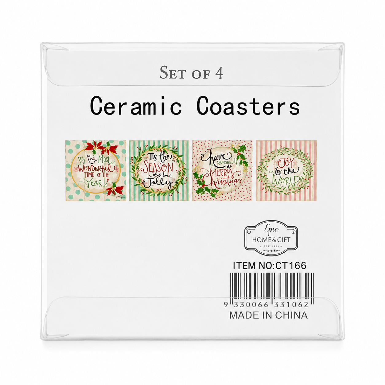 Product packaging for the set of four ceramic coasters showing all four designs and item barcode.