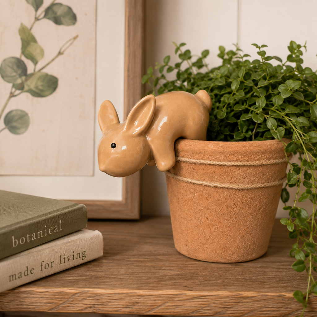Ceramic bunny pot hanger perched on the rim of a terracotta plant pot with trailing greenery, styled beside stacked books on a wooden shelf.